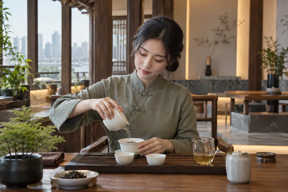 新中式茶席上以盖碗冲泡，茶友专注注水出汤