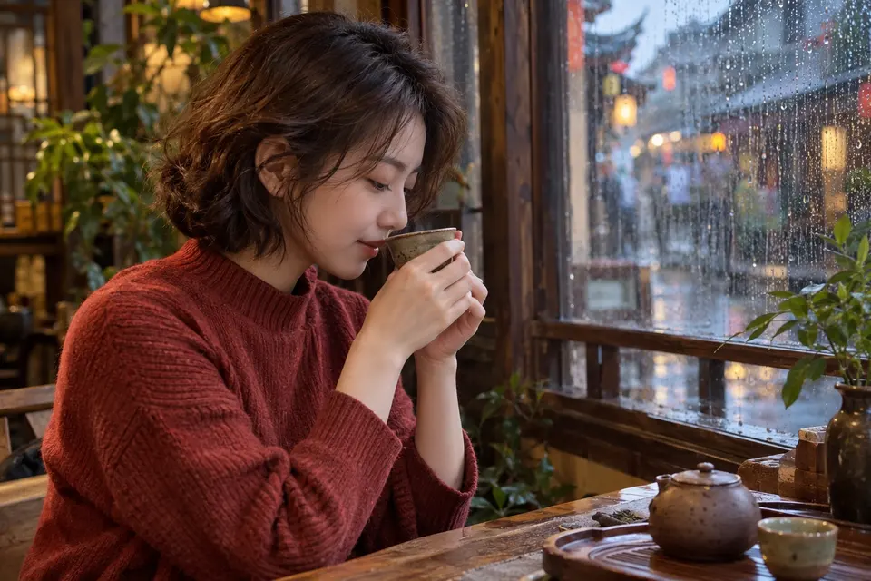 雨天窗边，陶杯中茶汤温热，茶友低头闻香