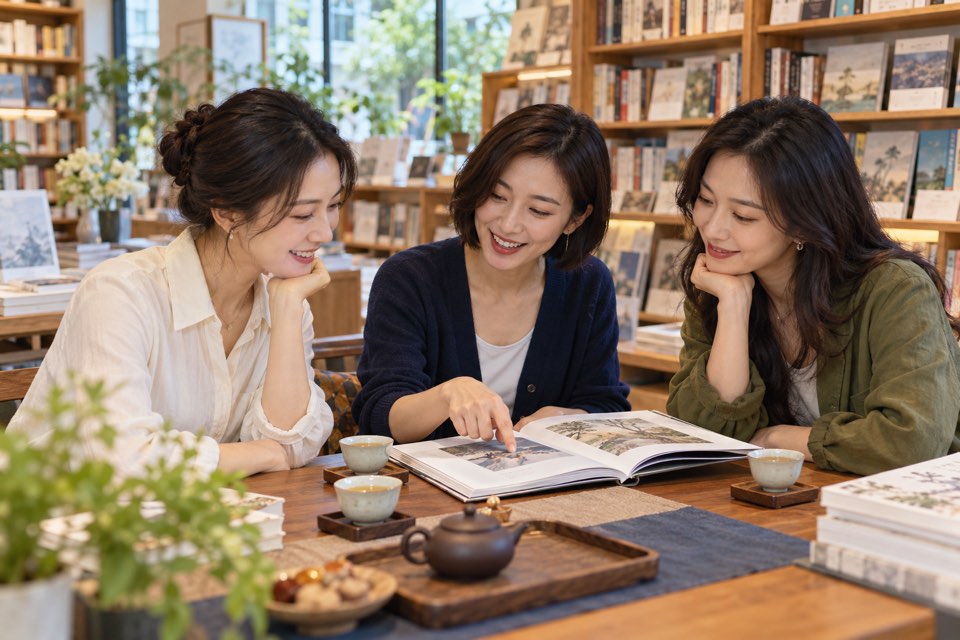 书店内茶友围坐交流，桌上茶杯与书籍相伴